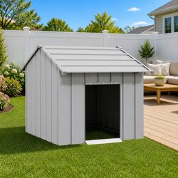 Dog House with Roof Grey Galvanised Steel Outdoor Pet Shelter Durable