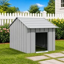 Dog House with Roof Grey Outdoor Shelter Pet Home Kennel Galvanised Steel