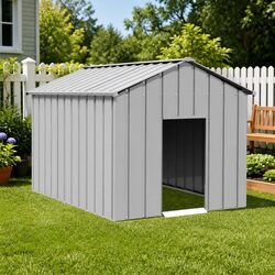 Dog House with Roof Grey Galvanised Steel Outdoor Pet Shelter Puppy Kennel