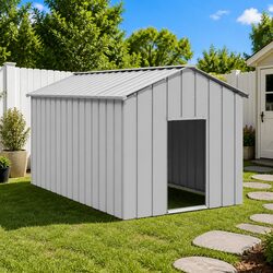 Dog House with Roof Grey Galvanised Steel Outdoor Pet Shelter Puppy Kennel