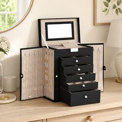 Jewellery Box 6-Layer with Mirror Lockable Black Organiser Storage Case