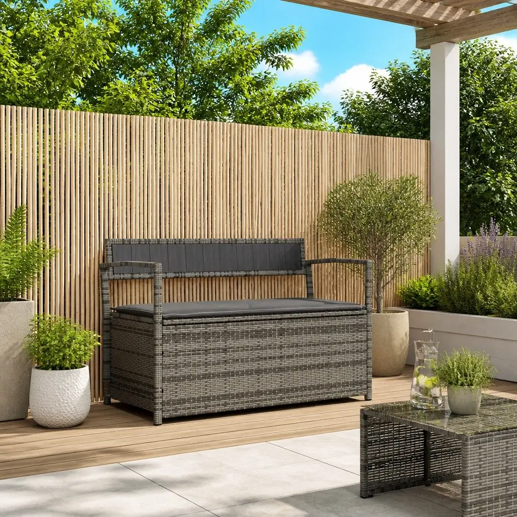 Garden Storage Bench with Cushion PE Rattan Grey Outdoor Seating