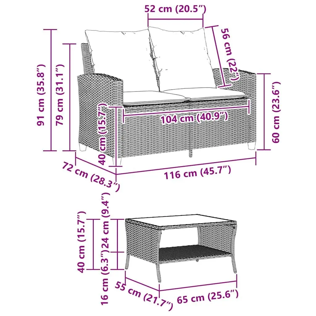 Garden Sofa 2-Seater Outdoor Lounge PE Rattan Beige with Cushions and Glass Table