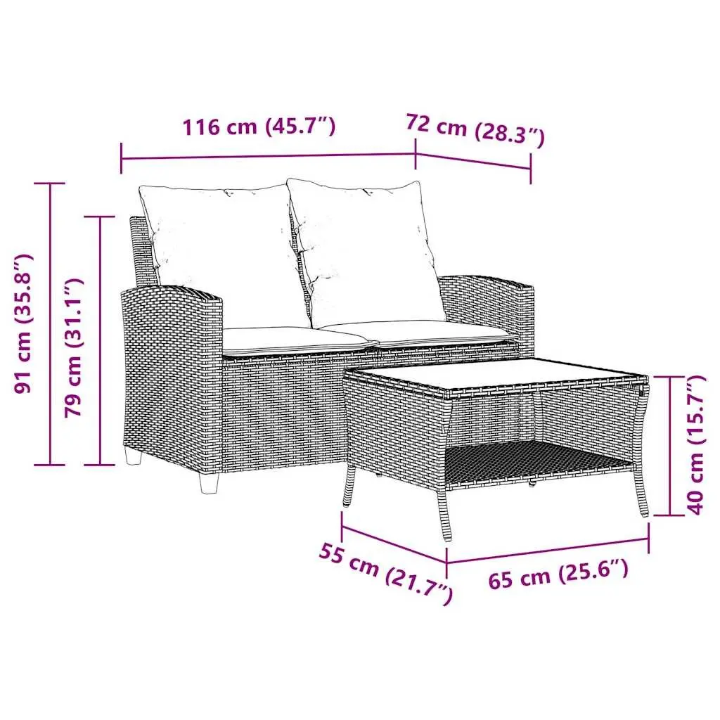 Garden Sofa 2-Seater Outdoor Lounge PE Rattan Beige with Cushions and Glass Table