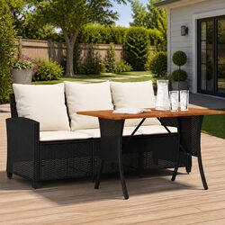 Garden Sofa 3-Seater with Cushions & Table Black Poly Rattan Outdoor Furniture