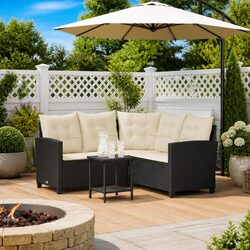 L-Shaped Garden Sofa Set with Coffee Table and Cushions Outdoor Patio Furniture