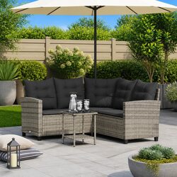 L-Shaped Garden Sofa Set with Table & Cushions Grey Poly Rattan Outdoor Lounge