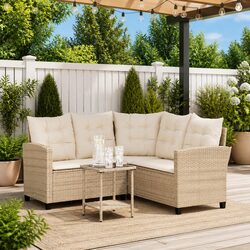 Garden Sofa L-Shaped with Table & Cushions Beige Poly Rattan Outdoor Corner Set