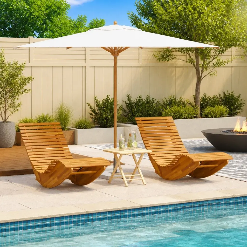 Rocking Sun Lounger 2pcs Solid Acacia Wood Outdoor Garden Patio Recliner Chair