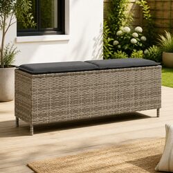 Garden Bench with Cushion Grey Outdoor Seating Poly Rattan 110x30x40.5cm