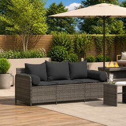 Outdoor Garden Sofa 3-Seater Grey Poly Rattan Lounge with Cushions