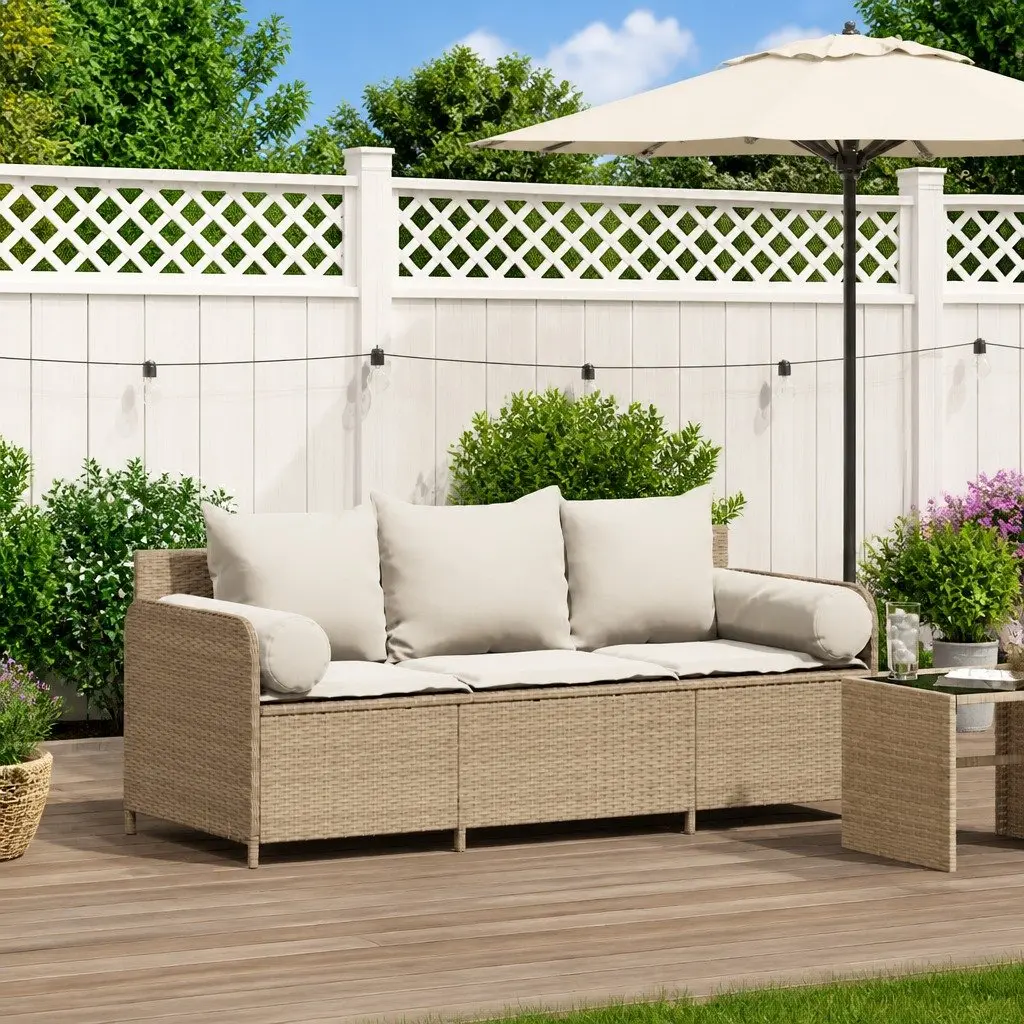 Outdoor Garden Sofa 3-Seater Poly Rattan Beige with Cushions