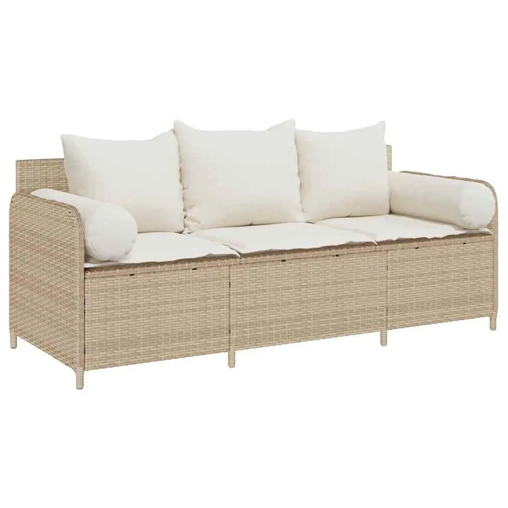 Outdoor Garden Sofa 3-Seater Poly Rattan Beige with Cushions