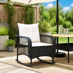 Garden Rocking Chair with Cushions Black Poly Rattan Outdoor Seating Relaxation