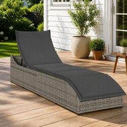 Sun Lounger Folding Outdoor Chair Adjustable Backrest Storage Box Grey