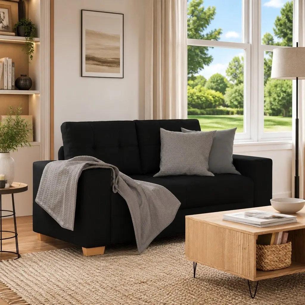 2 Seater Loveseat Sofa Black Fabric Lounge Couch Living Room Seating 160x77x82cm