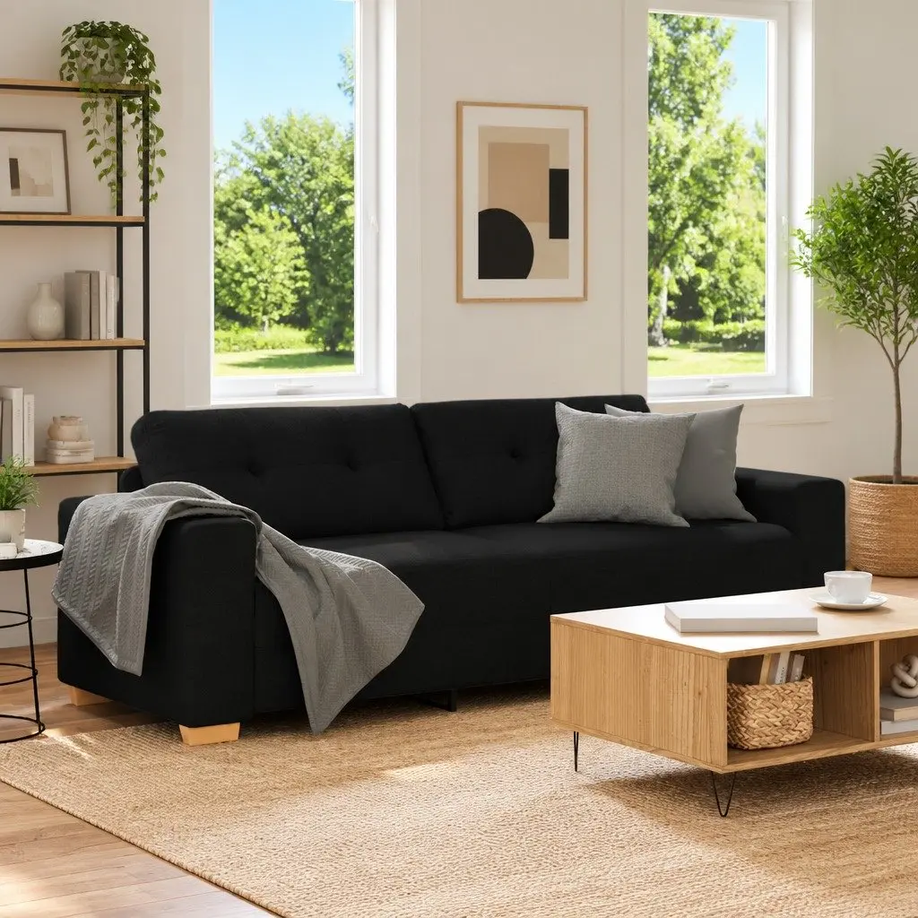 3-Seater Sofa Black Fabric Modern Living Room Lounge Couch Relax Seating 220cm