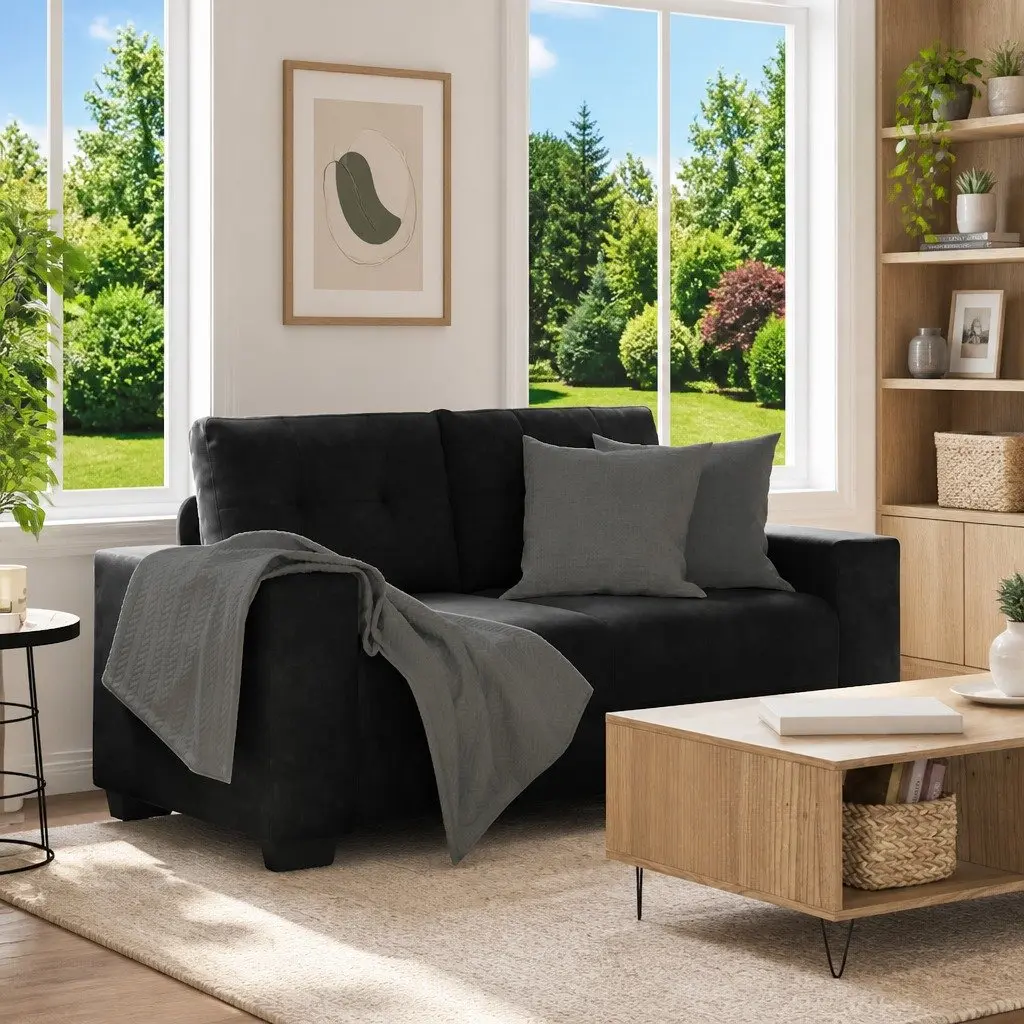 Loveseat Sofa Black Velvet 2 Seater Couch 160x77x82cm