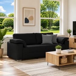 3-Seater Sofa Black 220cm Modern Living Room Couch Fabric Lounge Furniture