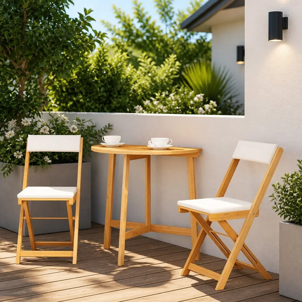Bistro Set 3 Piece Outdoor Garden Patio Furniture Solid Acacia Wood Foldable Chairs with Cushions Brown