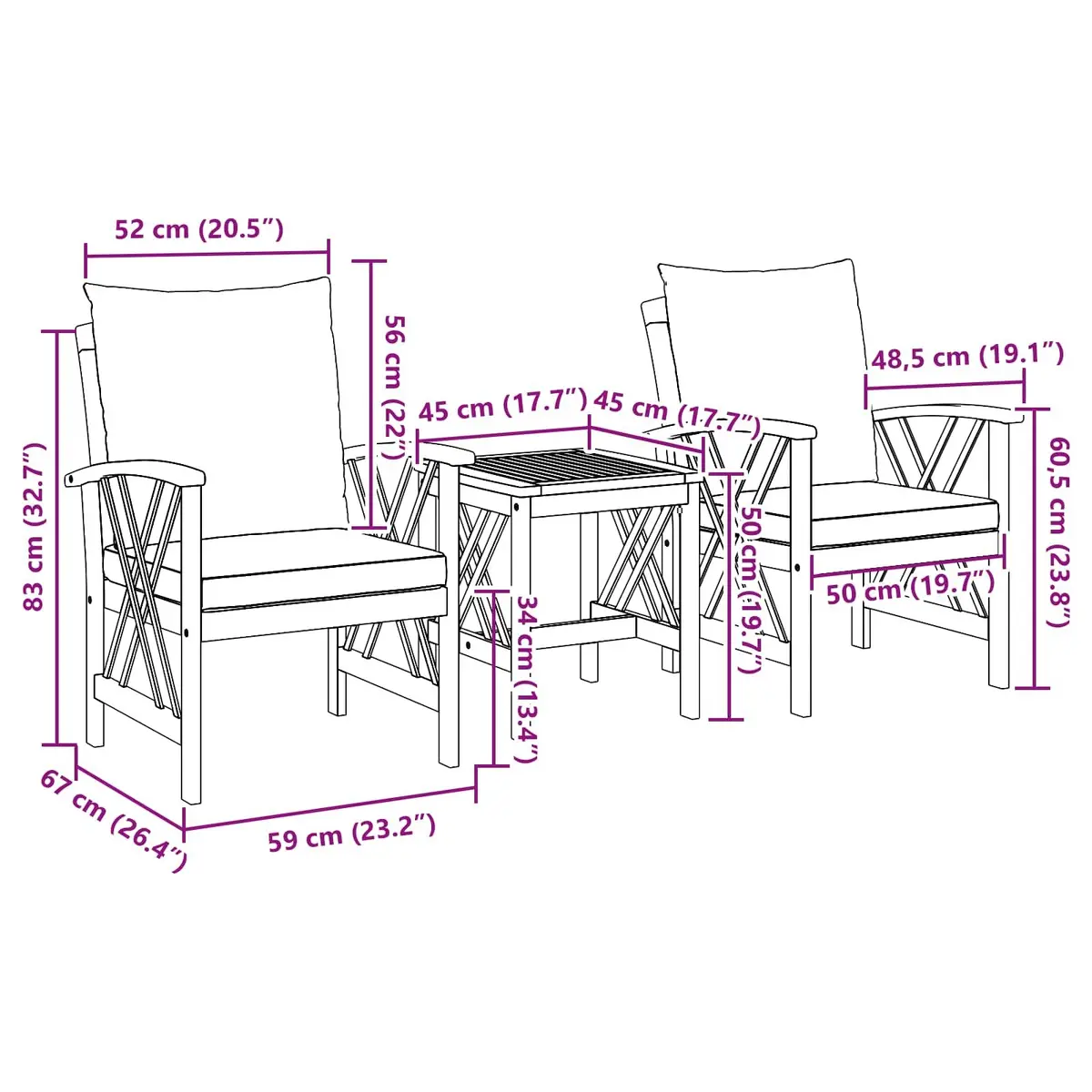 3 Piece Garden Sofa Set Outdoor Furniture Brown Acacia Wood with Weather Resistant Cushions