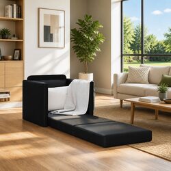 Modern Floor Sofa Bed 60cm Black Faux Leather Convertible Couch Guest Sleeping