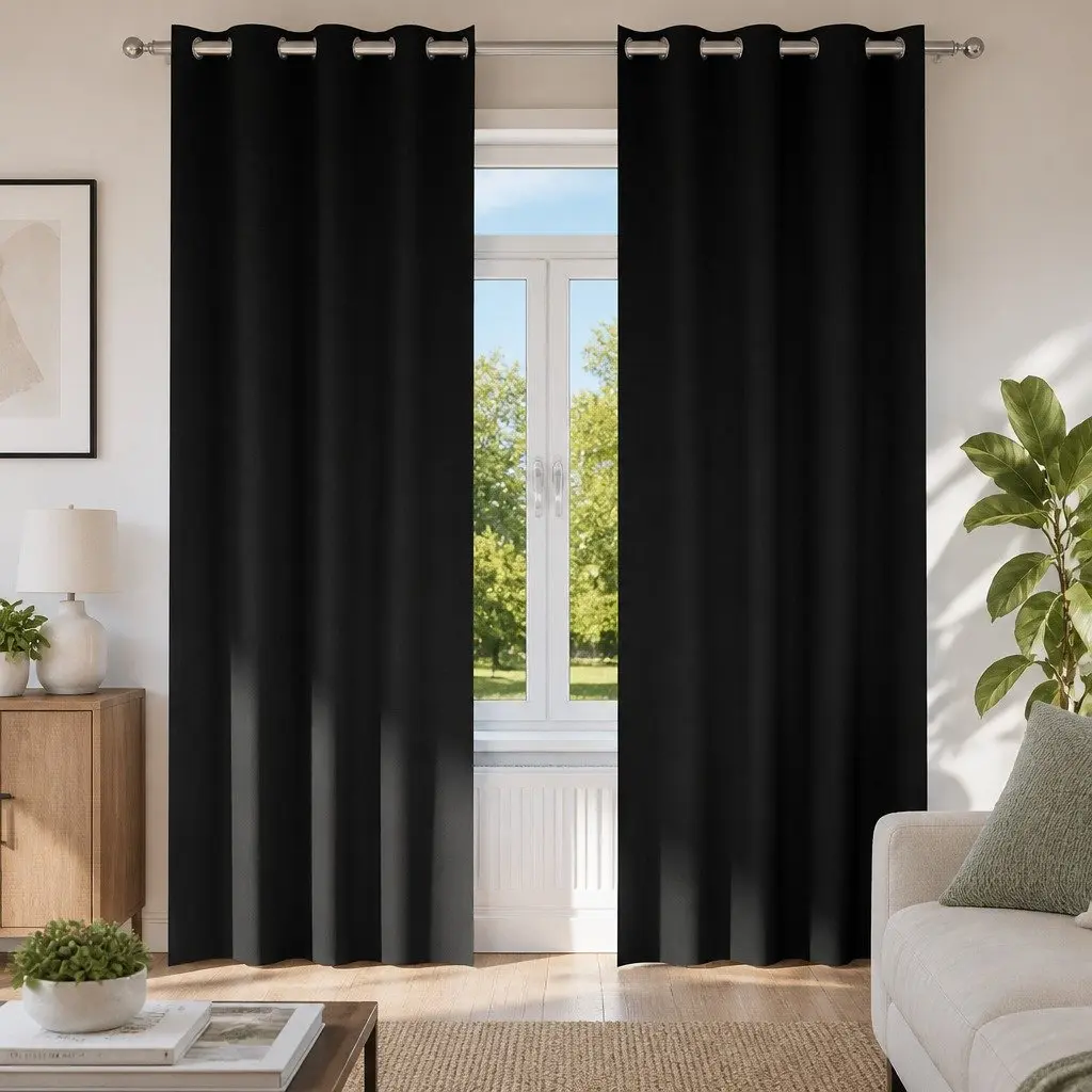 Blackout Curtains 2 pcs Hook and Ring System 245 x 140 cm Black Polyester Window Drapes