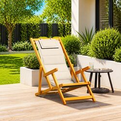 Folding Beach Chair with Armrests Cream Outdoor Garden Camping Reclining Seat