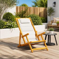 Folding Beach Chair with Armrests Grey Acacia Wood Textilene Outdoor Garden
