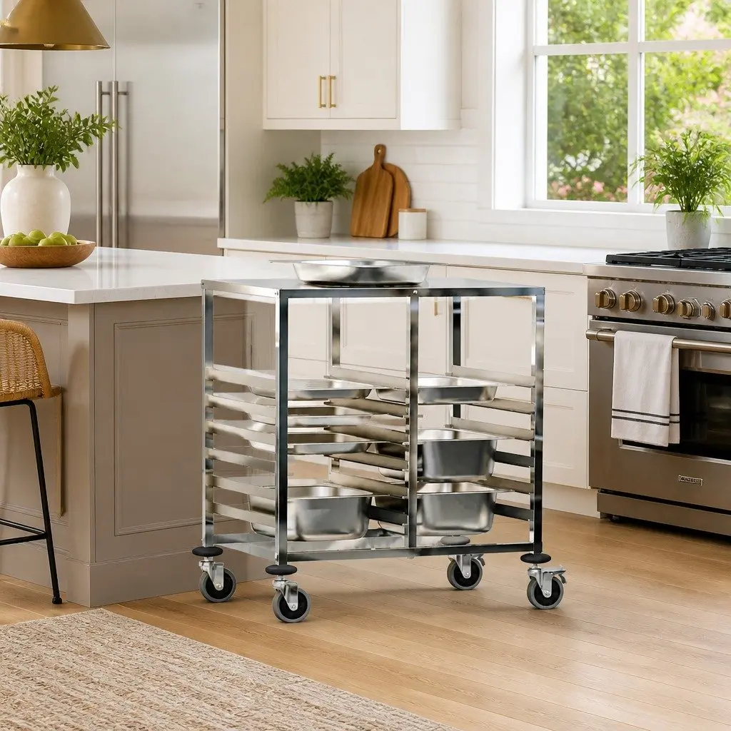 Tray Trolley Kitchen Dining Service Cart Stainless Steel Silver