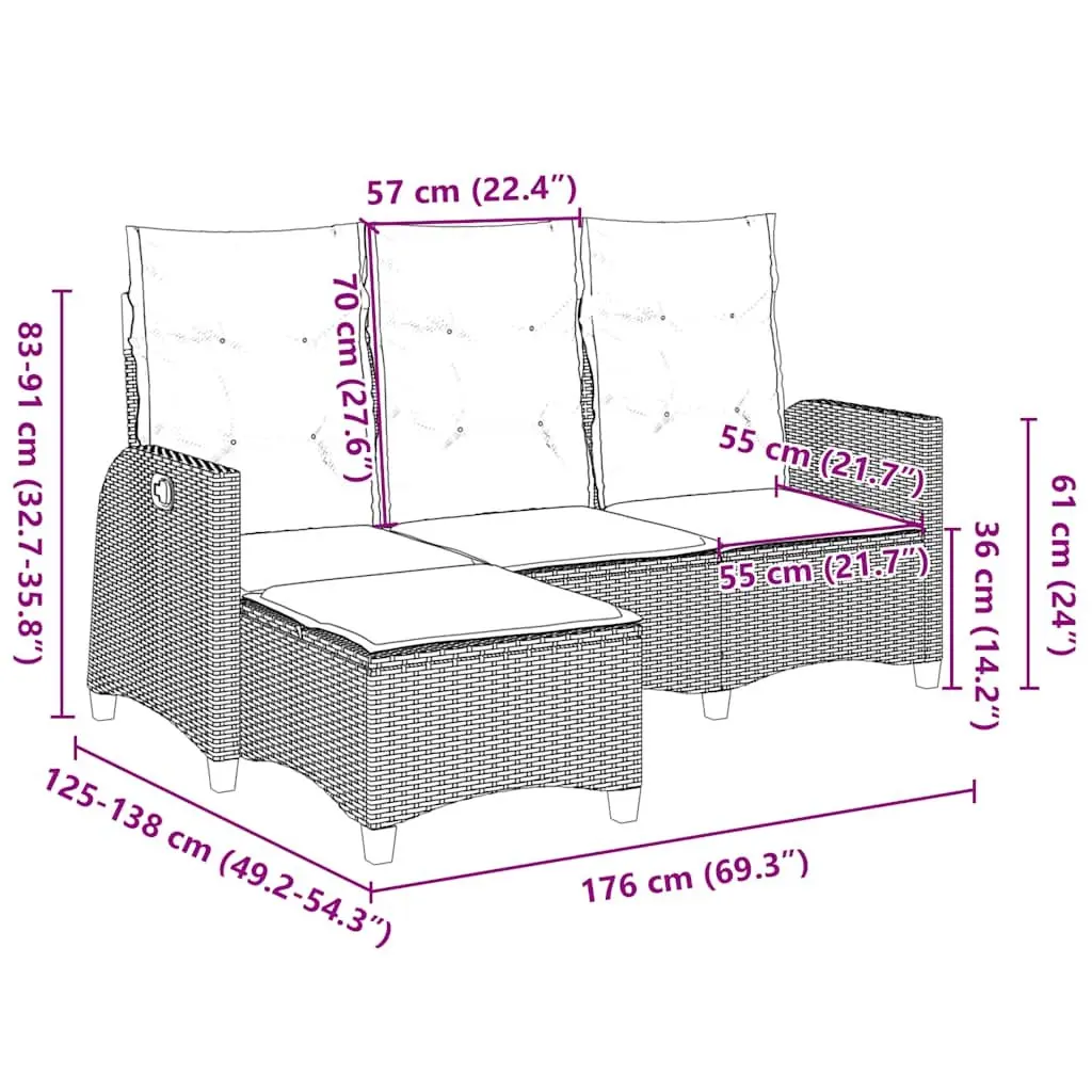 L-Shaped Garden Sofa Reclining Adjustable Backrest Grey PE Rattan Outdoor Seating