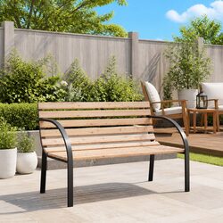 Garden Bench 120cm Outdoor Seating Wooden Slats Iron Frame Curved Armrests