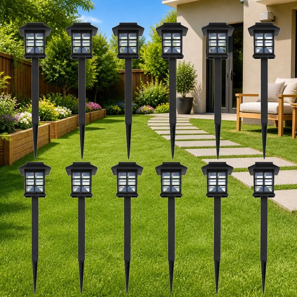 Outdoor Solar Lamp LED Light Set 12 Piece Black Durable Plastic Garden Patio Yard