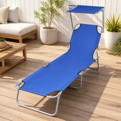 Sun Lounger Folding Canopy Adjustable Backrest Outdoor Sunbed Blue