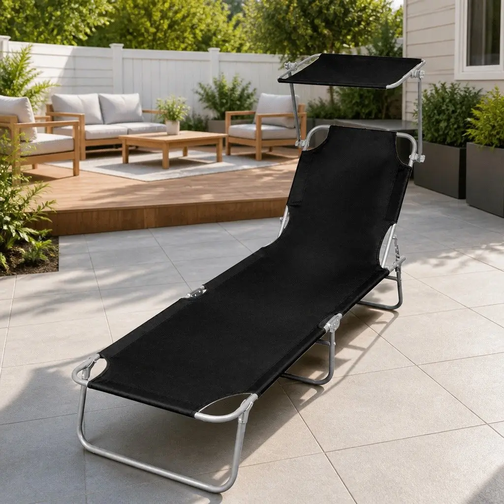 Sun Lounger Adjustable Backrest Folding Canopy Outdoor Sunbed Steel Black