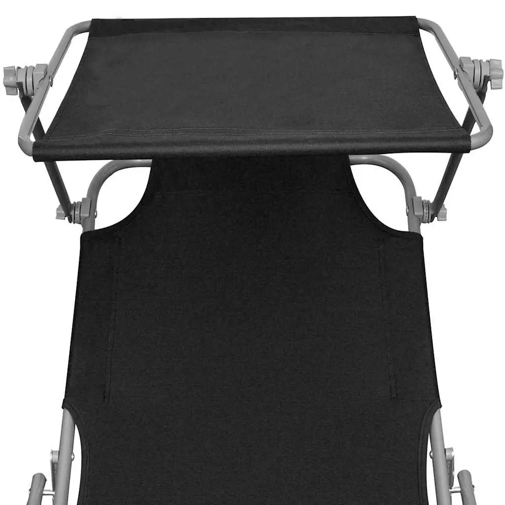 Sun Lounger Adjustable Backrest Folding Canopy Outdoor Sunbed Steel Black