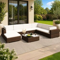 Garden Lounge Set 8 Piece Outdoor Furniture Brown Poly Rattan Patio Sofa with