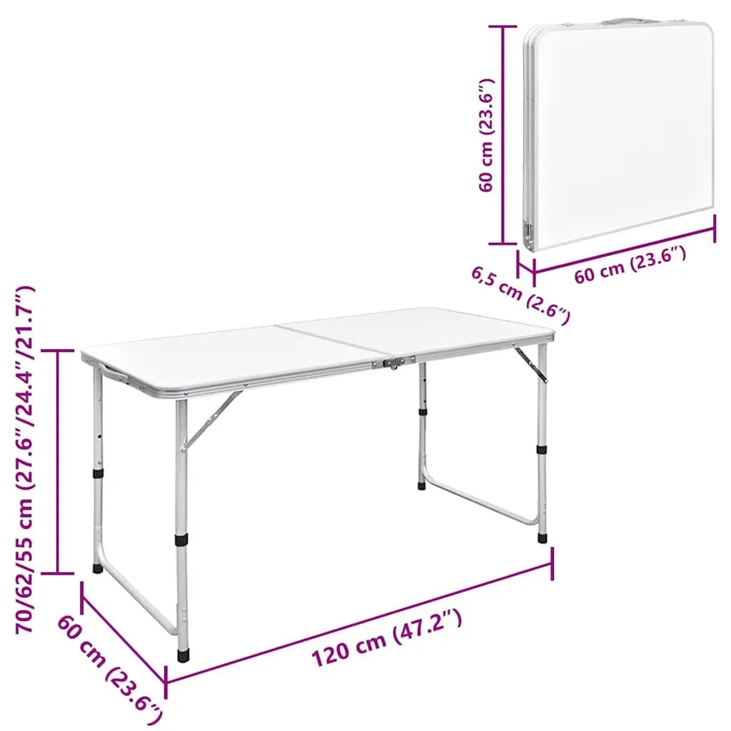Foldable Camping Table Height Adjustable Metal Frame MDF Top 120 x 60 cm White