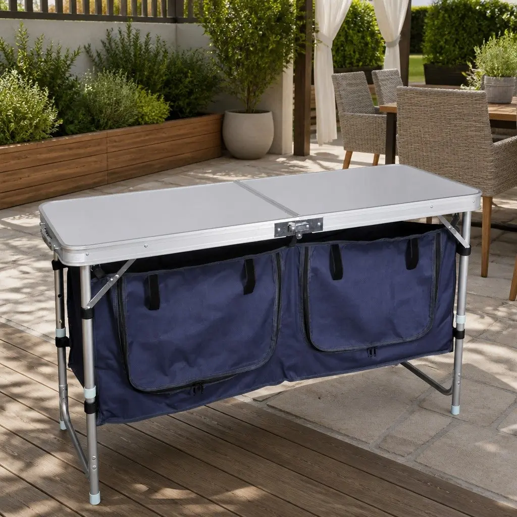 Foldable Camping Cupboard Outdoor Storage Cabinet with Work Surface Silver Aluminium MDF 600D Oxford