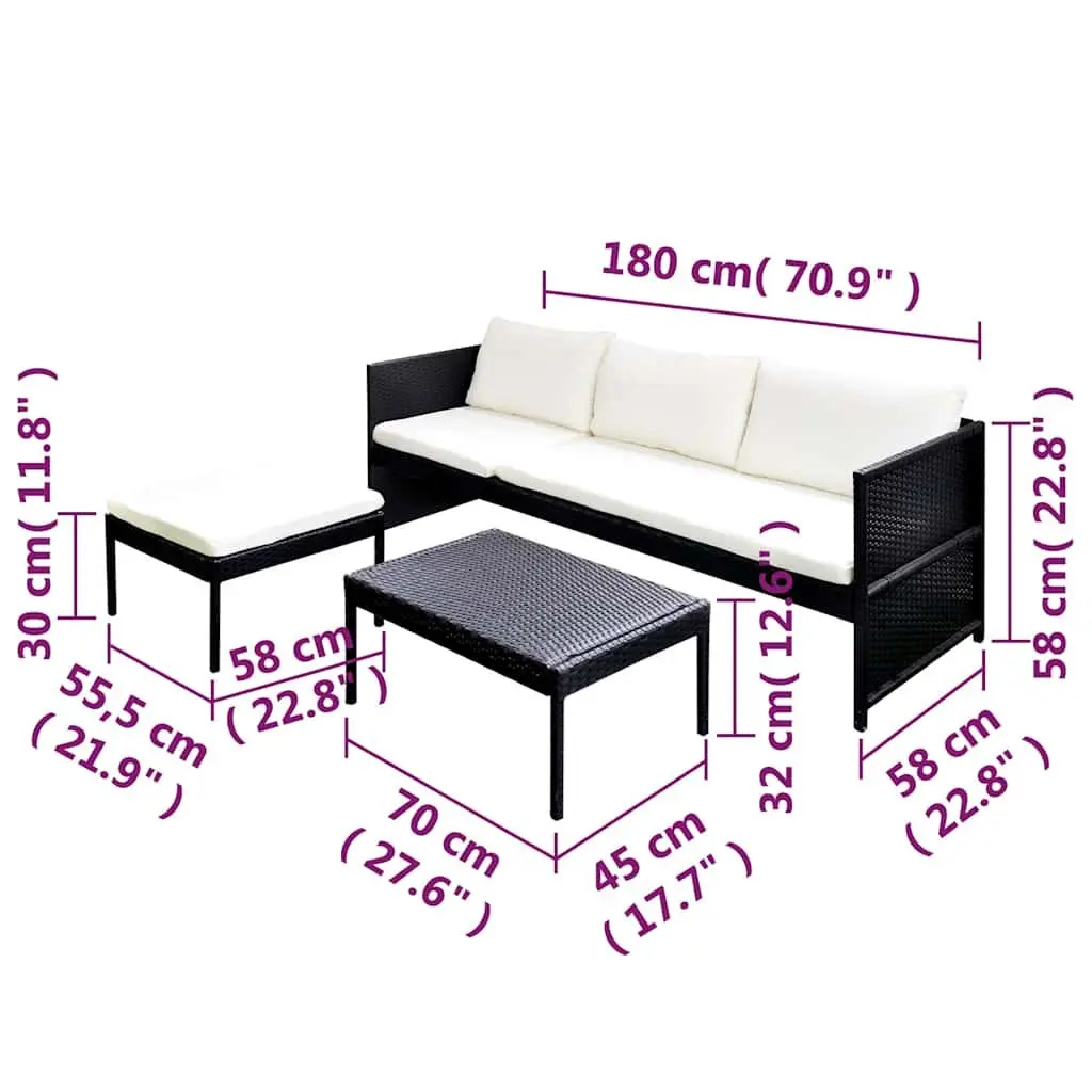 3 Piece Outdoor Lounge Set Garden Patio Furniture Poly Rattan with Cushions