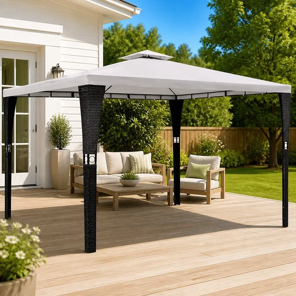 Gazebo Poly Rattan Outdoor Garden Canopy 3x4m Cream White Roof