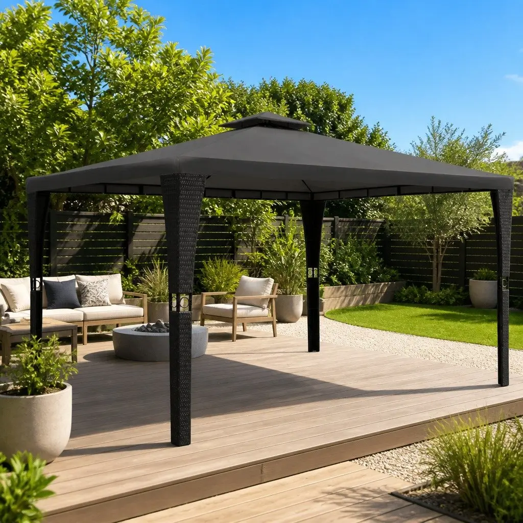 Outdoor Garden Gazebo 3x4m Poly Rattan Wicker Canopy Sunshade Pavilion Grey Roof
