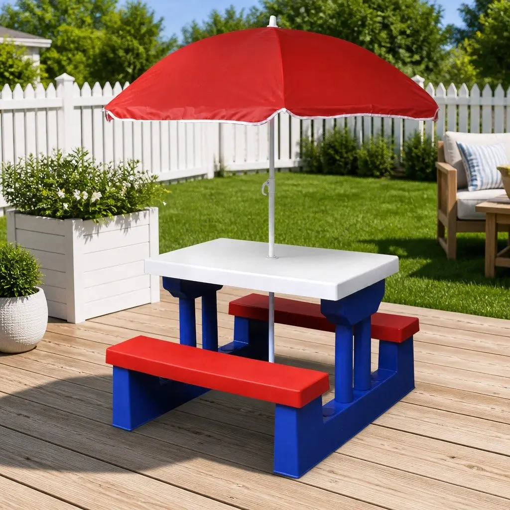 Kids Picnic Table with Benches and Parasol Outdoor Garden Furniture Multicolour