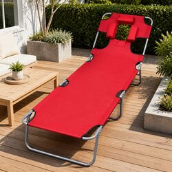 Folding Sun Lounger Red Outdoor Garden Reclining Beach Chair with Head Cushion
