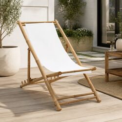 Outdoor Deck Chair Bamboo Canvas White Folding Garden Patio Relaxation Seating