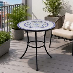 Mosaic Bistro Table 60cm Blue White Ceramic Top Garden Balcony Outdoor Coffee