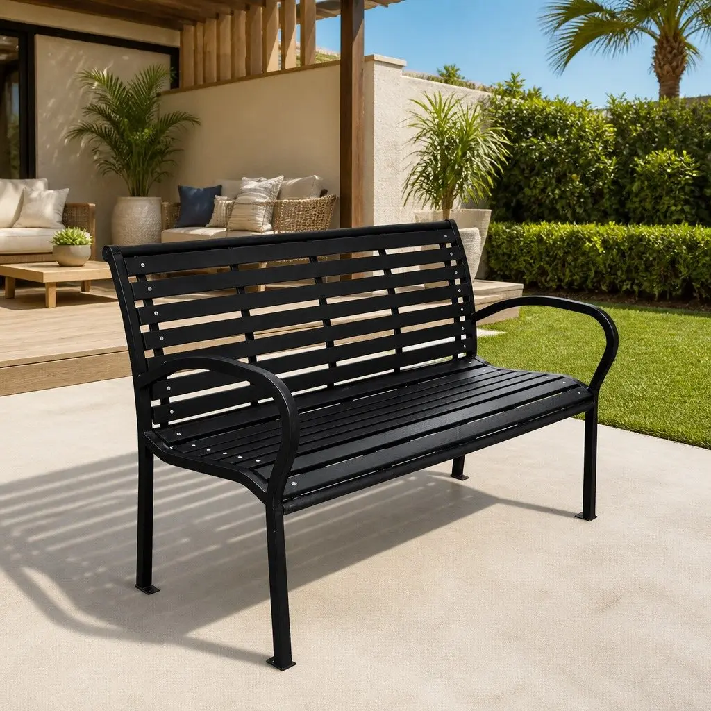 Outdoor Garden Bench 120cm Black Steel Frame WPC Slats Seating 3-Person
