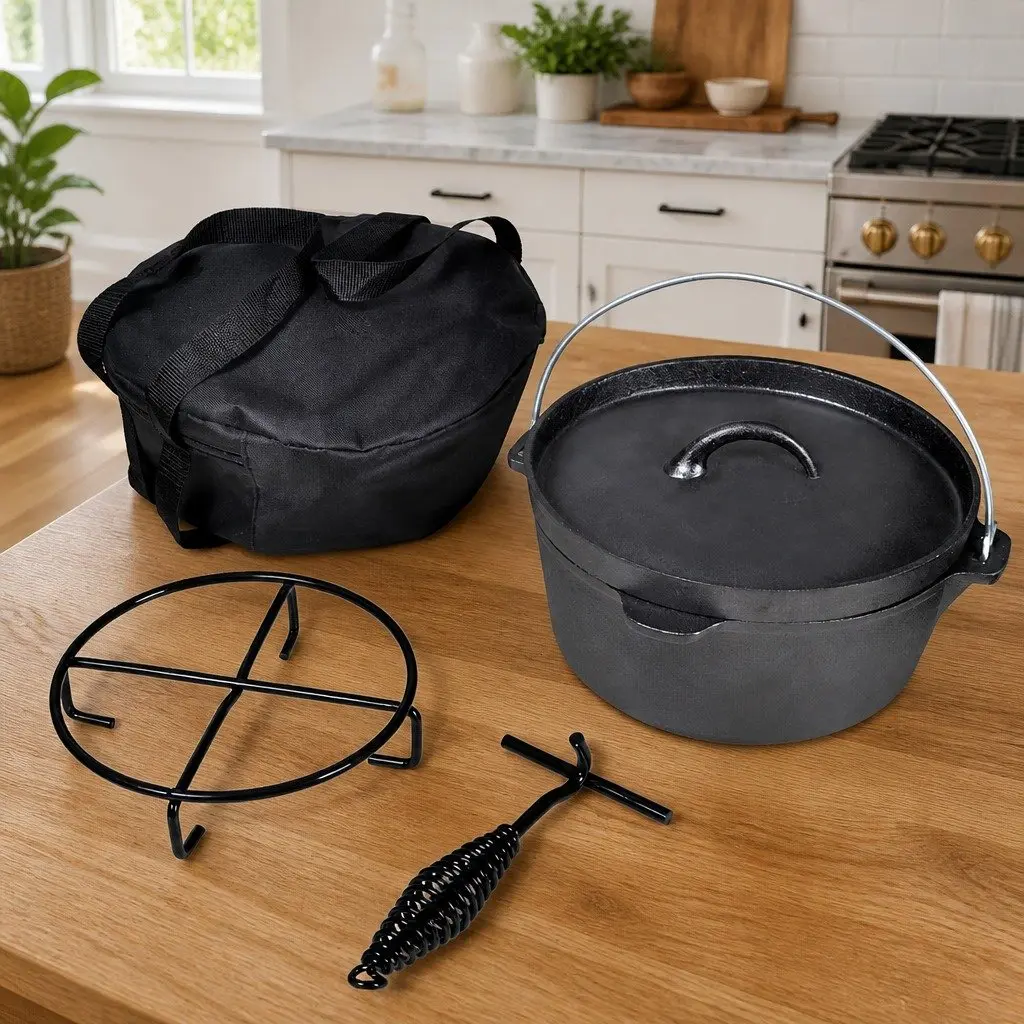 Dutch Oven Heavy-Duty 4.2L Black Cookware with Lid Lifter and Carrying Bag