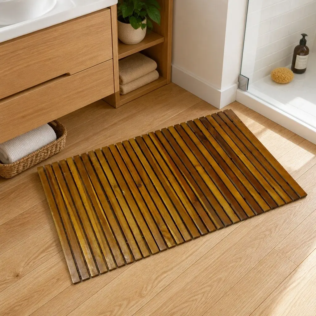 Wood Bath Mat Non-Slip Rubber Backing 80x50cm Brown Acacia