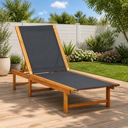 Sun Lounger Brown Acacia Wood Textilene Outdoor Garden Recliner Adjustable